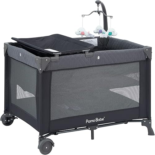 Pamo Babe Portable Crib for Baby, Portable Baby Playpen with Bassinet and Changing Table Grey