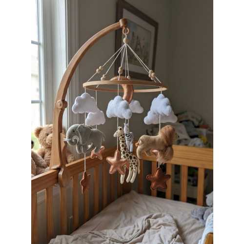 Handmade Safari Felt Baby Mobile, Jungle Animals Crib Decor, Neutral Nursery Moon Clouds