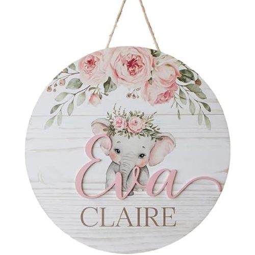 Personalized Name Signs for Kids Room, Floral Elephant Sign for Baby Door Decor, Newborn Gifts for Girl, Girls Nursery Wall Bedroom Decorations, Mother's Day Gifts for New Mom Dad Gift