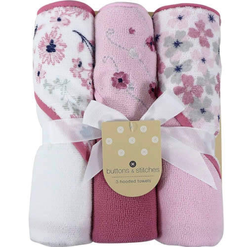 Cudlie Buttons & Stitches Baby Girl 3 Pack Rolled/Carded Hooded Towels in Crisp Blossom Print (GS71728)