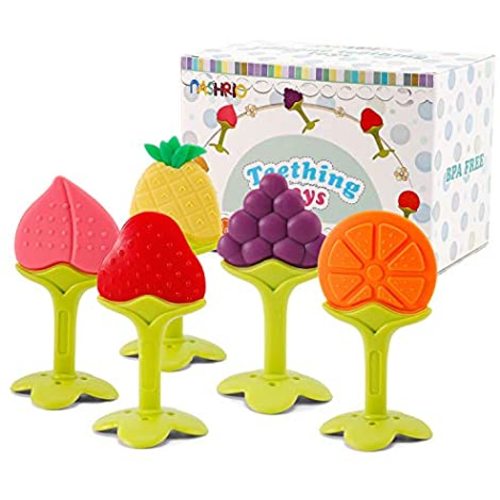 NASHRIO Baby Teething Toys 5 Pack - Silicone BPA Free Natural Organic Freezer Safe Teethers for Newborn Infant, Soft & Textured - Babies Shower Gift