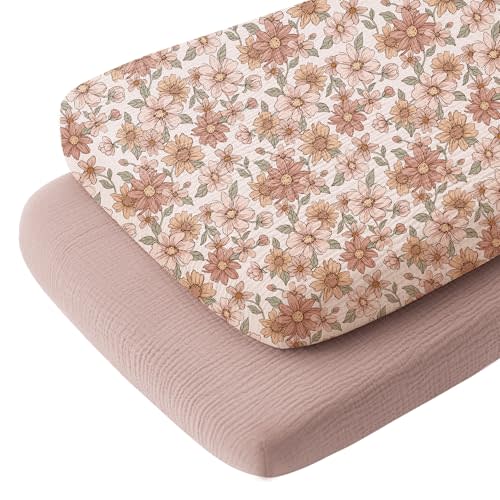 Konssy 2 Pack Muslin Bassinet Sheets for Baby Girls Boys, 33"x21" | 100% Cotton, Soft Bassinet Mattress Sheets, Fits Baby Delight, Dream on Me, Rectangle Mattresses (Vintage Petals,Taupe)