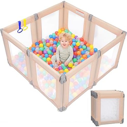 Foldable Baby Playpen, 47"×49" Collapsible Play Pen for Babies Toddlers, 360° Vision Mesh Play Yard with Zipper Gate, Adjustable Shape Safety Baby Fence with Handles, Portable Indoor Outdoor, Khaki