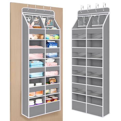 Univivi Upgraded Over the Door Organizer for Baby Nursery, Grey, 6-Shelf | Fabric Door Organizer with Clear Window Deep Pockets, Over Door Hanging Organizer for Baby Essential, Bedroom, and Dorm