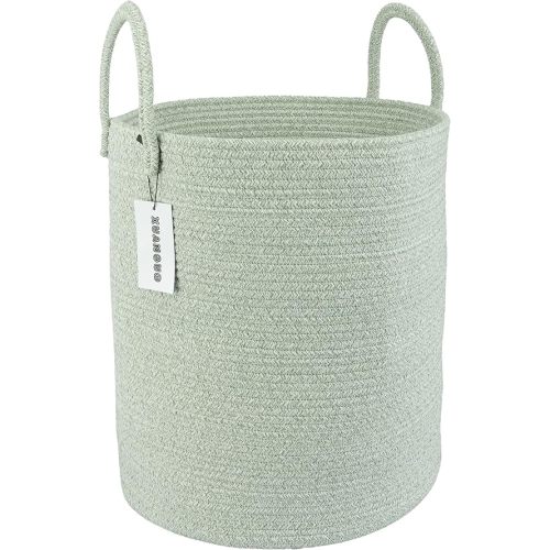 Cotton Rope Laundry Basket Hamper for Clothes Woven Storage Basket for Living Room Bedroom Boho Tall Rope Baskets for Blanket Toys Pillow Towels Baby Nursery Hamper Bin green