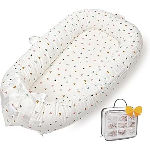 Baby Lounger-Breathable and Soft Organic 100% Cotton, Portable Infant Lounger with Removable Lounger Cover, Baby Lounger for Newborn - White Triangle