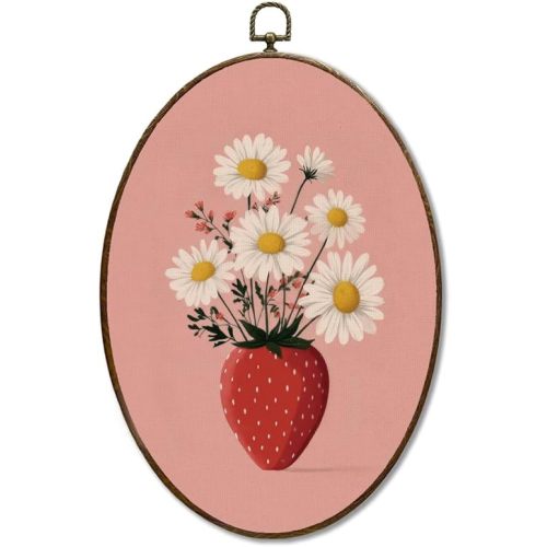 LMMHIOPI Strawberry Floral Oval Wall Art, Cute Botanical Canvas Print Decor for Kitchen Bedroom, 8.5x11.5 Inch