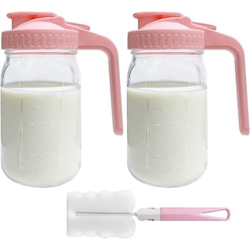 2 PACK Breast Milk Pitcher 32OZ Glass Breastmilk Pitcher with Lids(Pink)