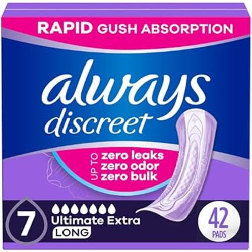 Always Discreet Adult Incontinence Pads for Women, Ultimate Extra Absorbency, Long Length, Postpartum Pads, 42 Count