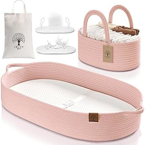 J&JOO Baby Changing Basket includes Diaper Caddy - Breathable & Waterproof Dual-Cover, Portable, Changing Pad for Dresser & Changing Table, Gift for Baby Shower (Coral Pink, Diaper Caddy Set)