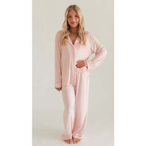 Women's Button Up Set In Pink Gingham