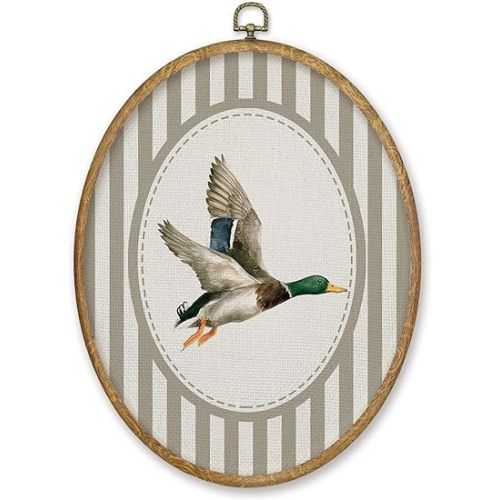 CGBHW Vintage Mallard Duck Nursery Oval Wall Art Decor Products, Kids Canvas Prints Framed, Neutral Striped Duck Farm Animal Wall Art Hanging Decor for Home Kids Baby Toddler Boy Room Playroom, 8.6x11.4 Inch