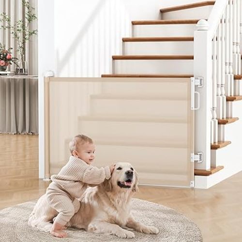 Retractable Baby Gate for Stairs, 55" Wide Mesh Dog Gate Indoor, 34'' Tall Child Gate for Doorways, Hallways, Deck, Indoor Outdoor Pet Baby Safety Essentials for Home, Beige