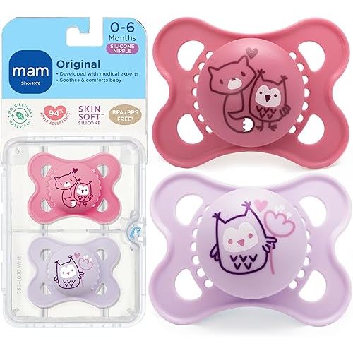 MAM Original Matte Baby Pacifiers 0-6 Months, Binky for Newborn Babies, BPA-Free Skin Soft Silicone Nipple, Easy to Clean, Developed with Medical Experts, 2 Count, With Sterilizer Case, Made in Europe
