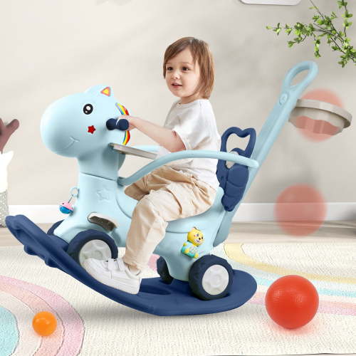 Wdmiya 4 in 1 Rocking Horse Ages 1-3, Baby Rocking Toy Birthday Gift for Toddlers 1-3 Years Old, Balance Bike Ride On Toys with Push Handle, Backrest and Balance Board for Baby Girl and Boy, Blue