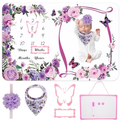 Milestone Blanket for Baby Girl (Purple 60x40 Inches), with Photo Aid Frame, Saliva Towel, Erasable Writing Board, Hair Band, Documenting Growth。