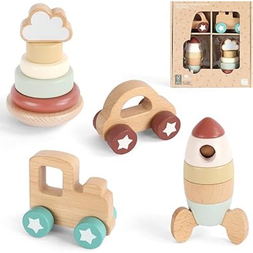 FReniland Wooden Montessori Toys, 4-Piece Wooden Baby Toy, Rainbow Stacking Ring,Car Push and Pull Toy, Rocket Stacking Ring Babys Toys,Newborn Baby Gift Sets for Boys and Girls