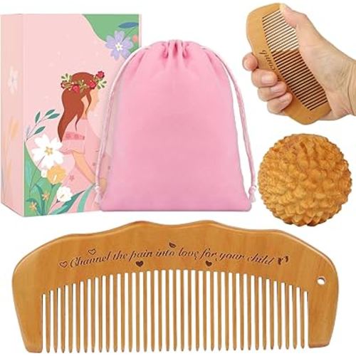 Wooden Birthing Comb Massage Ball Set for Labor Pain Relief, 2 Pcs Labor Comb with Bag, Delivery Essentials Items for Women During Childbirth, Mom Gift