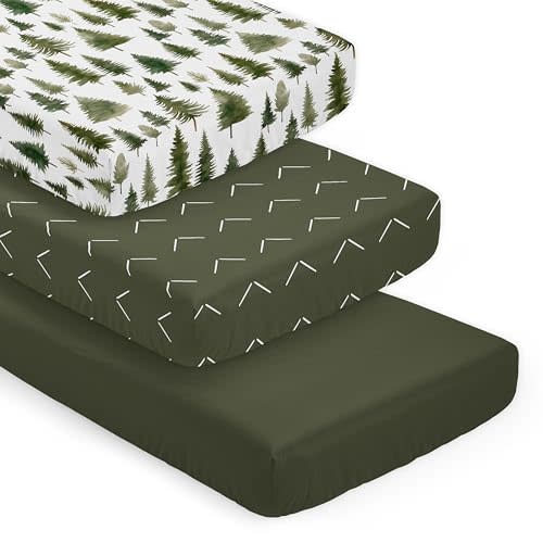 Sweet Jojo Designs 3-Piece Baby Crib Sheets Set (Woodland Pinetrees) for Boys, Infant Nursery, Toddler Room - Fitted, Standard Size (Green & White Arrow Geometric, Solid Hunter & Forest Themed, Trees)