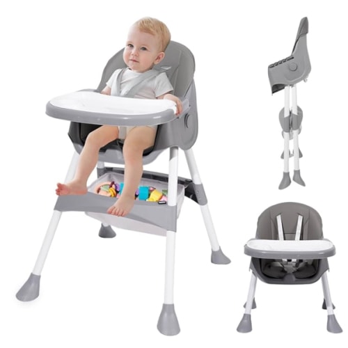 Baby High Chair, 6 in 1 Convertible High Chairs for Babies and Toddlers, Toddler Feeding Chair with Double Removable Tray, Adjustable Footrest & Machine Washable Cushion（Light Gray）