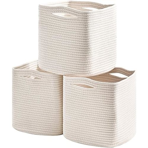 11 Inch Cube Storage Bins, 11x11 Cube Storage Bins for Cube Organizer, Square Cloth Storage Cubes, Woven Storage Baskets for Shelves, Toy Rope Baskets Storage Kids, Off White (Pack of 3)