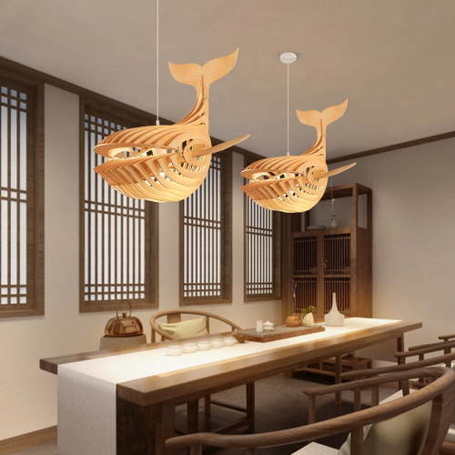 Arturesthome Whale Wood Hanging Pendant Light Whale Hanging Lamp Contemporary 1 Light Wooden Pendant Lighting Art Deco Hanging Light Woodcraft Japanese Style Fish Hanging Lamp