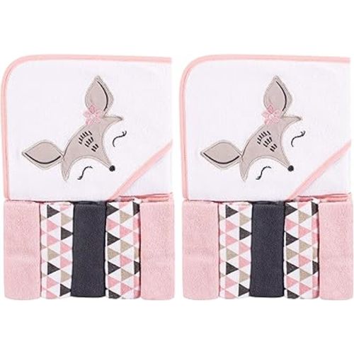Luvable Friends Unisex Baby Hooded Towel with Five Washcloths, Deer, One Size (Pack of 2)