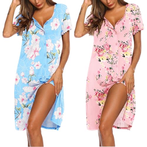 Ekouaer 2 Pack Nightgowns for Women Button Down Night Shirts Short Sleeve Sleep Shirts V Neck Sleepwear Pajama Dress
