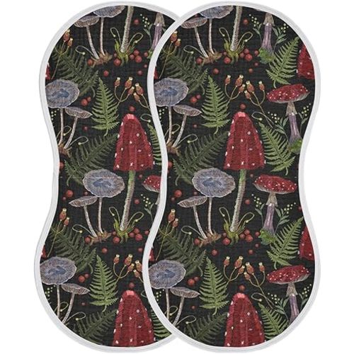 Muslin Burp Cloths for Baby Boys and Girls - 2-Pack Ultra Absorbent Mushrooms Gothic Style Muslin Washcloths, Newborn Towel, Milk Spit Up Rags, Burp Cloth Bib for Unisex, 22 x 11 Inch