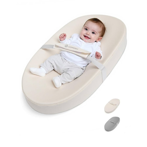 COMOMY Baby Changing Pad with Wipeable & Waterproof PU Cover, Contoured Diaper Changing Pad for Dresser with Non-Slip Safety Belt, Portable and Lightweight, Large Cushioned Foam, Beige