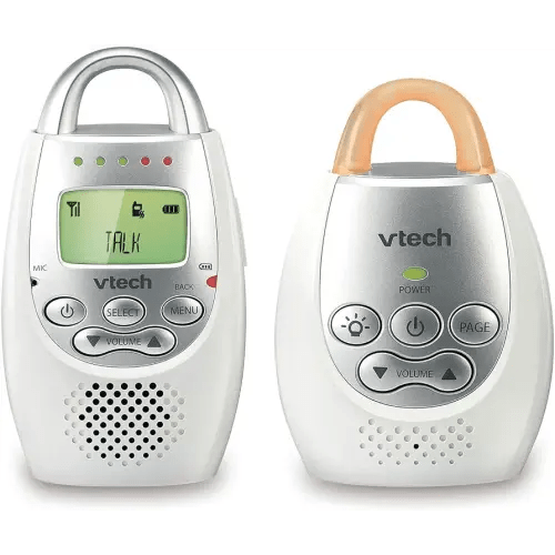 VTech Communications DM221 Audio Baby Monitor with up to 1,000 ft of Range, Vibrating Sound-Alert, Talk Back Intercom & Night Light Loop, White/Silver