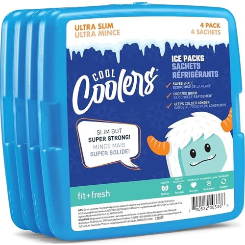 Cool Coolers by Fit + Fresh, 4 Pack Slim Ice Packs, Space Saving Reusable Ice Packs for Lunch Boxes or Coolers