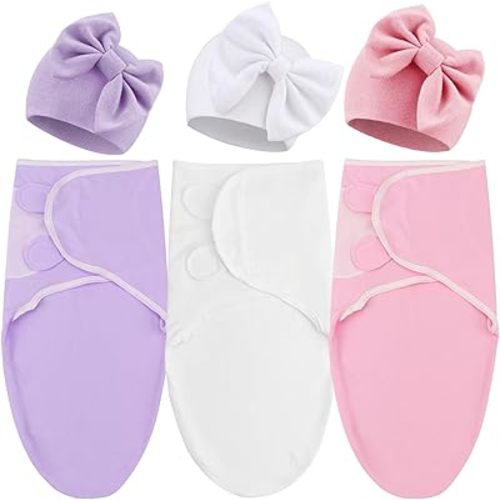 DRESHOW BQUBO 3 Pack Baby Swaddle Sleep Sacks Baby Swaddle Blanket Wrap Newborn Swaddles Sack with Big Bow Hat for Boys Girls 6-12 Lbs Newborns & 0-3 Months Girls Boys