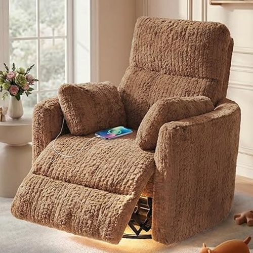 HUSFU Power Swivel Rocker Recliner Chair for Adults, Nursery Glider Rocking Chair with Nightlight and USB & Type-C Ports, Comfy Plush Recliner Chairs for Living Room,Bedroom,Brown