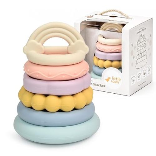 2-IN-1 Baby Stacking Rings & Teething Toys, Food Grade Silicone Montessori Stacking Toy for Babies 6-12 Months, Sensory Learning & Fine Motor Skills Toy, Baby Gift for Boys Girls (Rainbow)