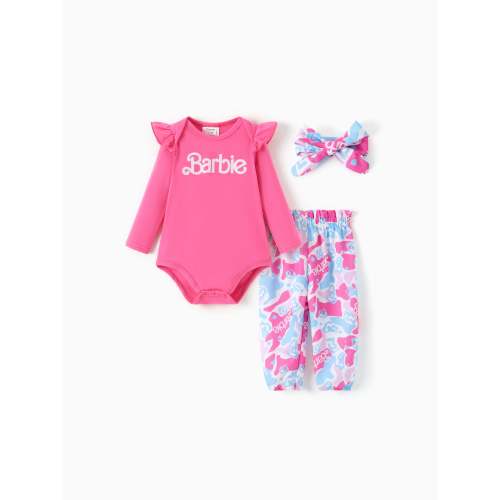 Barbie Baby Girl 2pcs Cotton Flutter Sleeve Romper and Printed Pants Sets Hot Pink