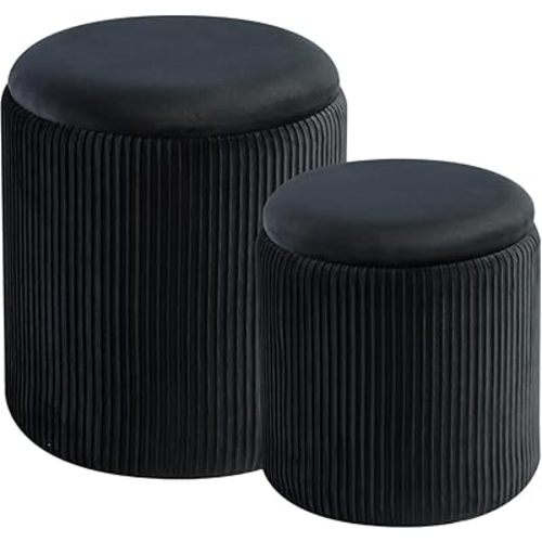 BLEXA Round Set of 2 Ottoman with Storage - Upholstered Velvet Vanity Stool for Makeup Multifunctional Ottomans Coffee Table Padded Seat Foot Rest for Living Room & Bedroom (Black)