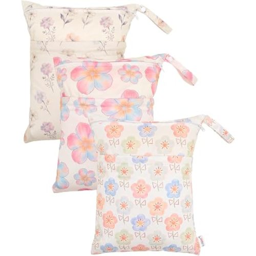 ALVA ALVABABY 3pcs Medium Cloth Diaper Wet Dry Bags Waterproof Reusable with Two Zippered Pockets Travel Beach Pool Daycare Soiled Baby Items Yoga Gym Bag for Swimsuits or Wet Clothes 3L-ZM50A