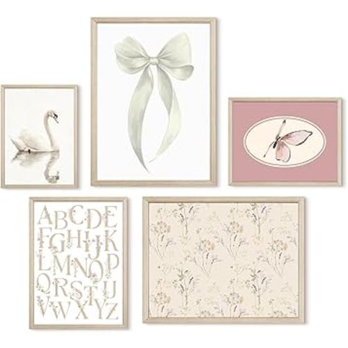Girl Nursery Wall Art Vintage Canvas Wall Decor Baby Room Pictures Floral Swan Art Prints White Bow Poster Pink Butterfly Painting Vintage Nursery Artwork for Girls Room Bedroom 8x10x5 Inch Framed