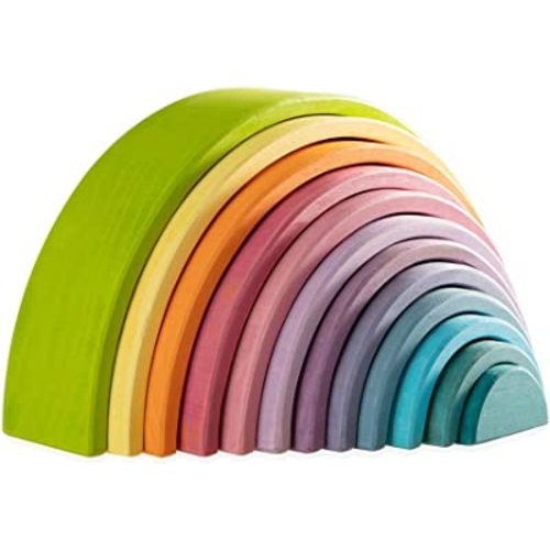 Wooden Rainbow Stacking Toy, 12 Piece Multicolor Wooden Arch Stacker, Extra Large Pastel Bow Shaped Stacking Toy, Nesting Puzzle Building Blocks Educational Toys for Kids Toddlers