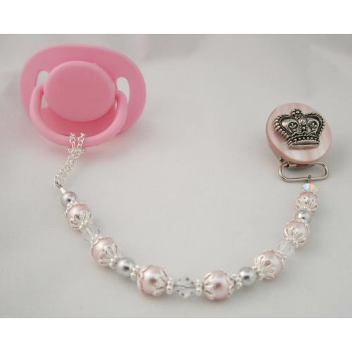 Pink Crown Pacifier clip with Pink European Pearls and Crystals (CCP)  Dummy Clip, Binky Clip