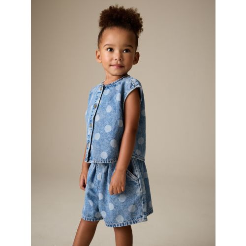 Mid Blue Denim Polka Dot Waistcoat and Shorts Set (3mths-7yrs)