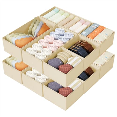 DIMJ Drawer Organizers Clothes, Set of 14 Dresser Organizer Bins, Fabric Closet Organizers and Storage, Shallow Drawer Dividers for Nursery, Clothing, Baby Clothes, Socks, Underwears, Tie (Beige)