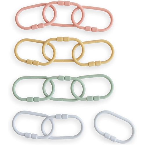 mushie Baby Chain Link Rings Toy 12-Count | Multiuse Car Seat Stroller Connecting Toy (Periwinkle, Mustard, Green, Coral)