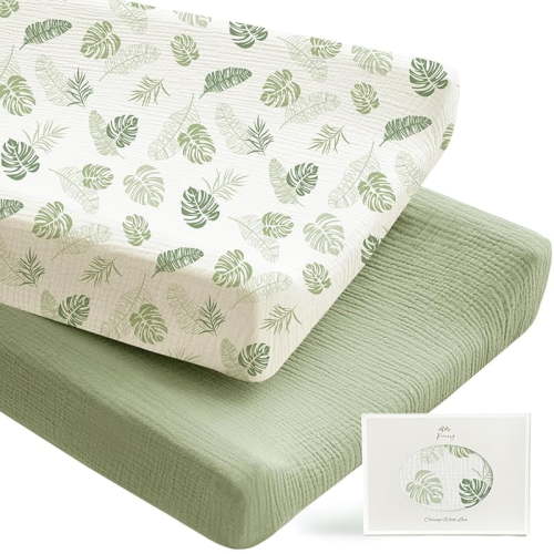 2 Pack Muslin Changing Pad Covers for Boys, Ultra Soft & Breathable Cotton Baby Diaper Changing Table Covers, Neutral Nursery Diaper Changing Pad Sheets (Palm Paradise, Sage)