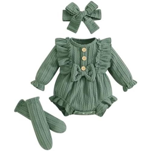 ZAXARRA Newborn Baby Girls Clothes Long Sleeve Button Front Ruffle Romper Socks Headband 3Pcs Set Fall Winter Outfits