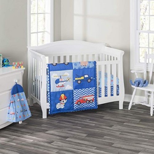 Everyday Kids 4-Piece Boys Crib Bedding Set – Little Rescuer Theme with Quilt, Fitted Sheet, Dust Ruffle & Diaper Stacker – Nursery Décor