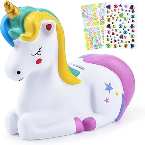 PJDRLLC Piggy Bank Girls: Unicorn Piggy Banks - Unbreakable Plastic Coin Money Bank with Alphabet Stickers - Rainbow