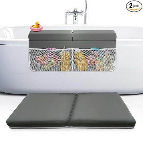 Baby Bath Kneeler and Elbow Rest Pad Set, 2-Inch Thick, Memory Foam, Water-Resistant Mat – Bath Time Essentials Cushion and Bath Kneeling Pad for Bathing Baby with Bathtub Toy Organizer.