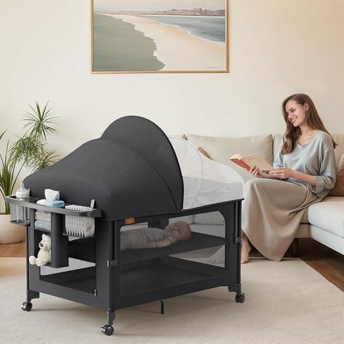 TinyGlow 4 in 1 Baby Bassinet, Pack and Play, Bedside Crib Sleeper, Diaper Changer, Quickly Assembled and Folded Portable Crib with Mattress and Mosquito Net, Easy to Carry